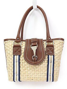 Chaps Woven Straw Handbag Double Handled Purse Faux Leather Trim Lined Tote Bag